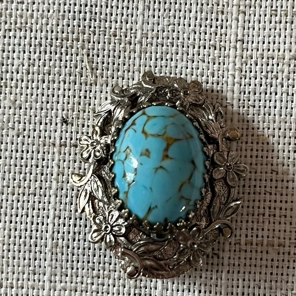 Vintage Whiting and Davis turquoise silver Brooch and Earrings Set, Rare Find..